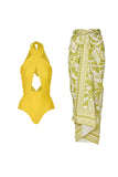 Yellow Halter Cut Out 2 Piece Swimsuit with Beach Skirt