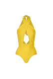 Yellow Halter Cut Out 2 Piece Swimsuit with Beach Skirt