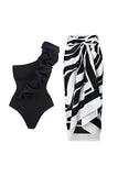Black Ruffled One Shoulder 2 Piece Swimsuit with Beach Skirt