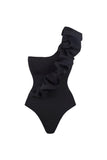Black Ruffled One Shoulder 2 Piece Swimsuit with Beach Skirt