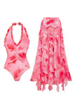 Hot Pink Halter Ruched Ruffled 2 Piece Swimsuit