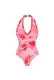 Hot Pink Halter Ruched Ruffled 2 Piece Swimsuit