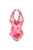 Hot Pink Halter Ruched Ruffled 2 Piece Swimsuit