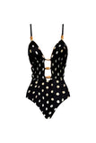 Black White Dot Cut Out Spaghetti Straps Swimsuit