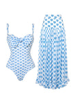 Blue 2 Piece Printed Spaghetti Straps Swimsuit with Bow