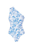 One Shoulder White Blue Floral Swimsuit with Beach Skirt