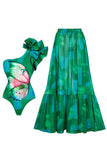 Dark Green One Shoulder Ruffled Printed Swimsuit