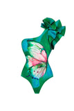 Dark Green One Shoulder Ruffled Printed Swimsuit