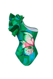Dark Green One Shoulder Ruffled Printed Swimsuit