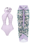 Lilac Halter 3D Flower Cut Out Swimsuit with Beach Skirt