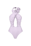 Lilac Halter 3D Flower Cut Out Swimsuit with Beach Skirt