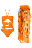 Orange Halter Cut Out Ruffled Swimsuit with Beach Skirt