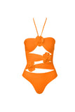 Orange Halter Cut Out Ruffled Swimsuit with Beach Skirt