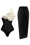 Black One Shoulder Swimsuit with Beach Skirt