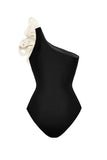 Black 2 Piece One Shoulder Appliqued Butterfly Swimsuit with Beach Dress