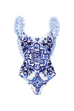 2 Piece Blue Ruffled Print Swimsuit with Cover Up