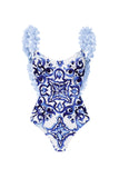 Blue Ruffled 2 Piece Printed Swimsuit with Beach Skirt