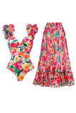 Red Floral Printed Ruffled 2 Piece Swimsuit