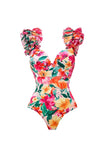 Red Flower 2 Piece Ruffled Swimsuit with Cover Up