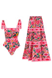 Fuchsia Printed Bowed 2 Piece Swimsuit with Beach Skirt