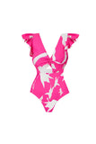 Fuchsia 2 Piece Print V-Neck Swimsuit with Cover Up