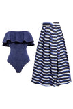 Navy Strapless Ruffled 2 Piece Swimsuit with Beach Skirt