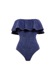Navy Strapless Ruffled 2 Piece Swimsuit with Beach Skirt