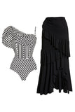 Black Striped 2 Piece Ruffled Swimsuit with Beach Dress