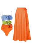 3D Flowers Cut Out Orange Ruched Bikinis Set