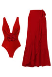 Red 2 Piece Ruffled V-Neck Swimsuit with Beach Dress