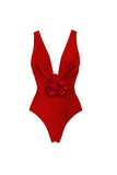 Red V Neck 3D Flower Ruched Bikinis Set