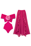 Off the Shoulder 3D Flower Cut Out Fuchsia Bikinis Set
