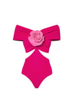 Off the Shoulder 3D Flower Cut Out Fuchsia Bikinis Set