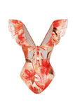 Orange Ruffled 2 Piece V-Neck Swimsuit with Beach Dress
