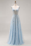Sparkly Light Blue A-Line Beaded Long Ball Dress with Sequins