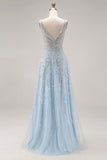 Sparkly Light Blue A-Line Beaded Long Ball Dress with Sequins