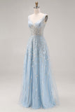 Sparkly Light Blue A-Line Beaded Long Ball Dress with Sequins