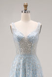 Sparkly Light Blue A-Line Beaded Long Ball Dress with Sequins