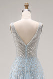 Sparkly Light Blue A-Line Beaded Long Ball Dress with Sequins