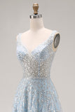 Sparkly Light Blue A-Line Beaded Long Ball Dress with Sequins