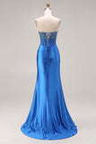 Royal Blue Strapless Mermaid Beaded Corset Long Ball Dress with Slit