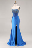 Royal Blue Strapless Mermaid Beaded Corset Long Ball Dress with Slit