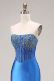 Royal Blue Strapless Mermaid Beaded Corset Long Ball Dress with Slit