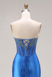 Royal Blue Strapless Mermaid Beaded Corset Long Ball Dress with Slit