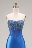 Royal Blue Strapless Mermaid Beaded Corset Long Ball Dress with Slit