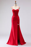 Red Satin Mermaid Embroidered Lace Up Back Long Ball Dress with Slit