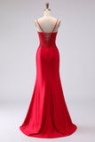 Red Satin Mermaid Embroidered Lace Up Back Long Ball Dress with Slit