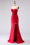 Red Satin Mermaid Embroidered Lace Up Back Long Ball Dress with Slit