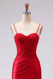 Red Satin Mermaid Embroidered Lace Up Back Long Ball Dress with Slit