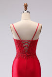 Red Satin Mermaid Embroidered Lace Up Back Long Ball Dress with Slit